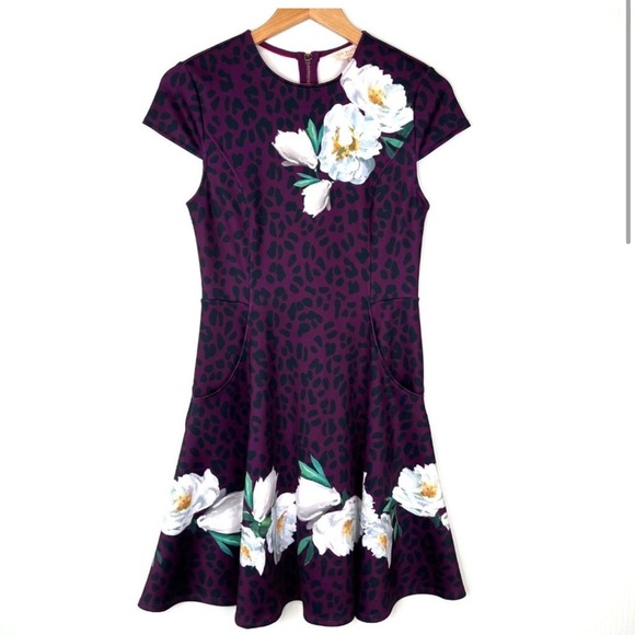 Ted Baker Floral Leopard Fit and Flare Pocket Purple Dress Size 3 - Picture 3 of 13